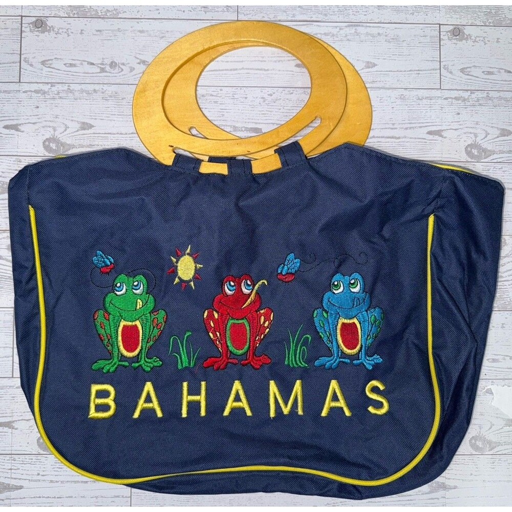 Bahamas Souvenir Embroidered Frogs Zipper Tote With Wooden Handled Island Beach